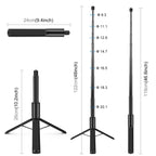 Black Puluz selfie stick on small tripod legs with a 360 camera on top, and a close-up of its knurled screw connector