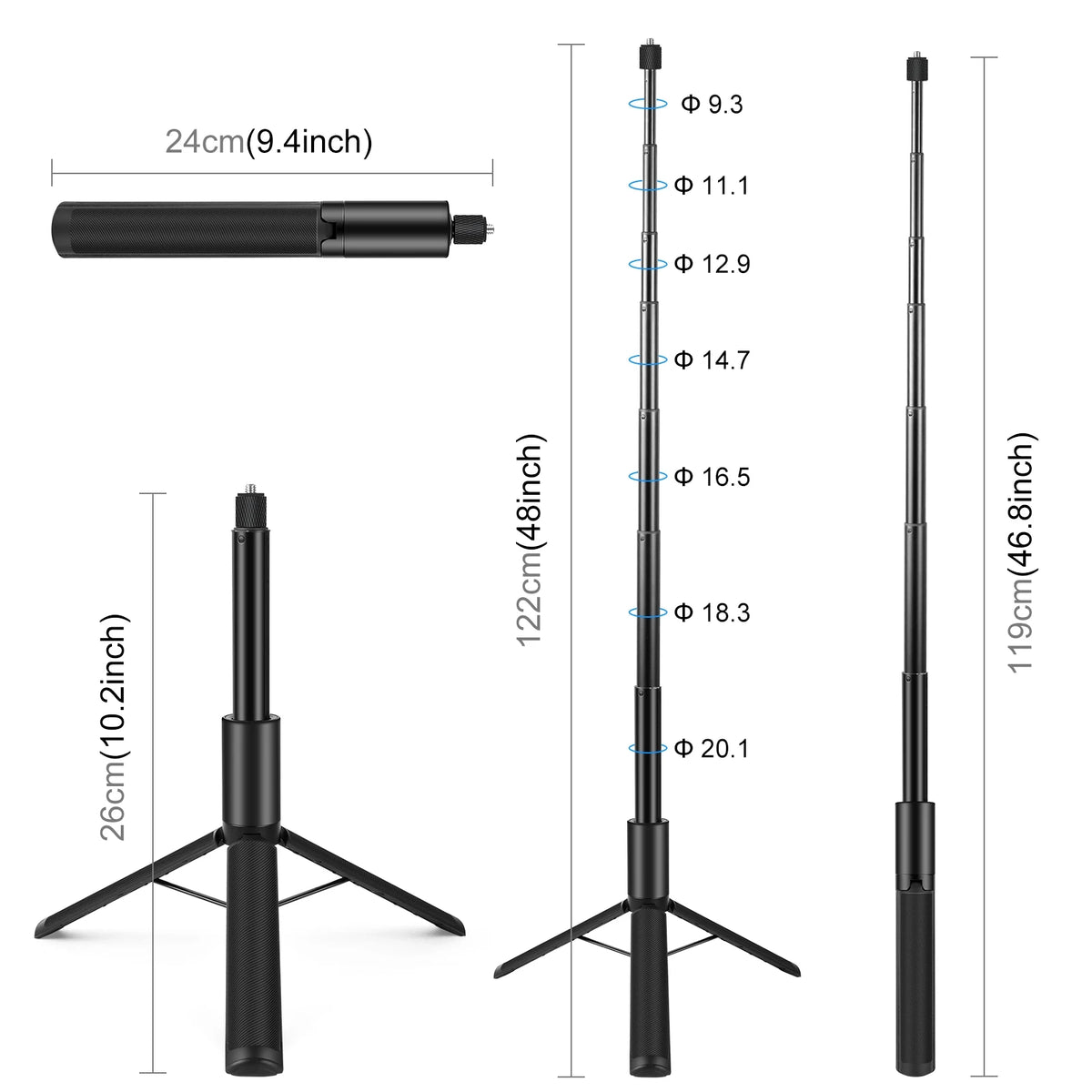 Black Puluz selfie stick on small tripod legs with a 360 camera on top, and a close-up of its knurled screw connector