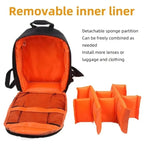 Small black camera backpack shown open with orange padded dividers holding a camera and lenses, with back and side views