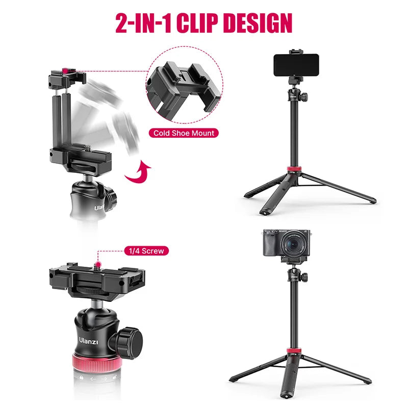 Black Ulanzi MT-44 extended as a handheld stick with a phone on top, and set up as a tripod holding a mirrorless camera