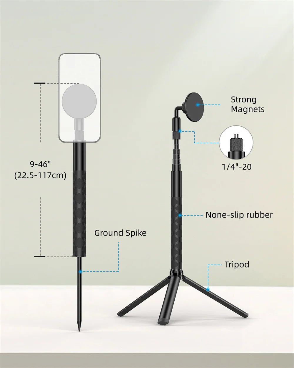 Golfer mid-swing beside a black stand holding a phone on a magnetic mount, with a ground spike, mini tripod legs and parts