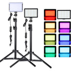 Two LED panel lights on black tripod stands with USB cables, beside panels glowing red, orange, purple, green and blue