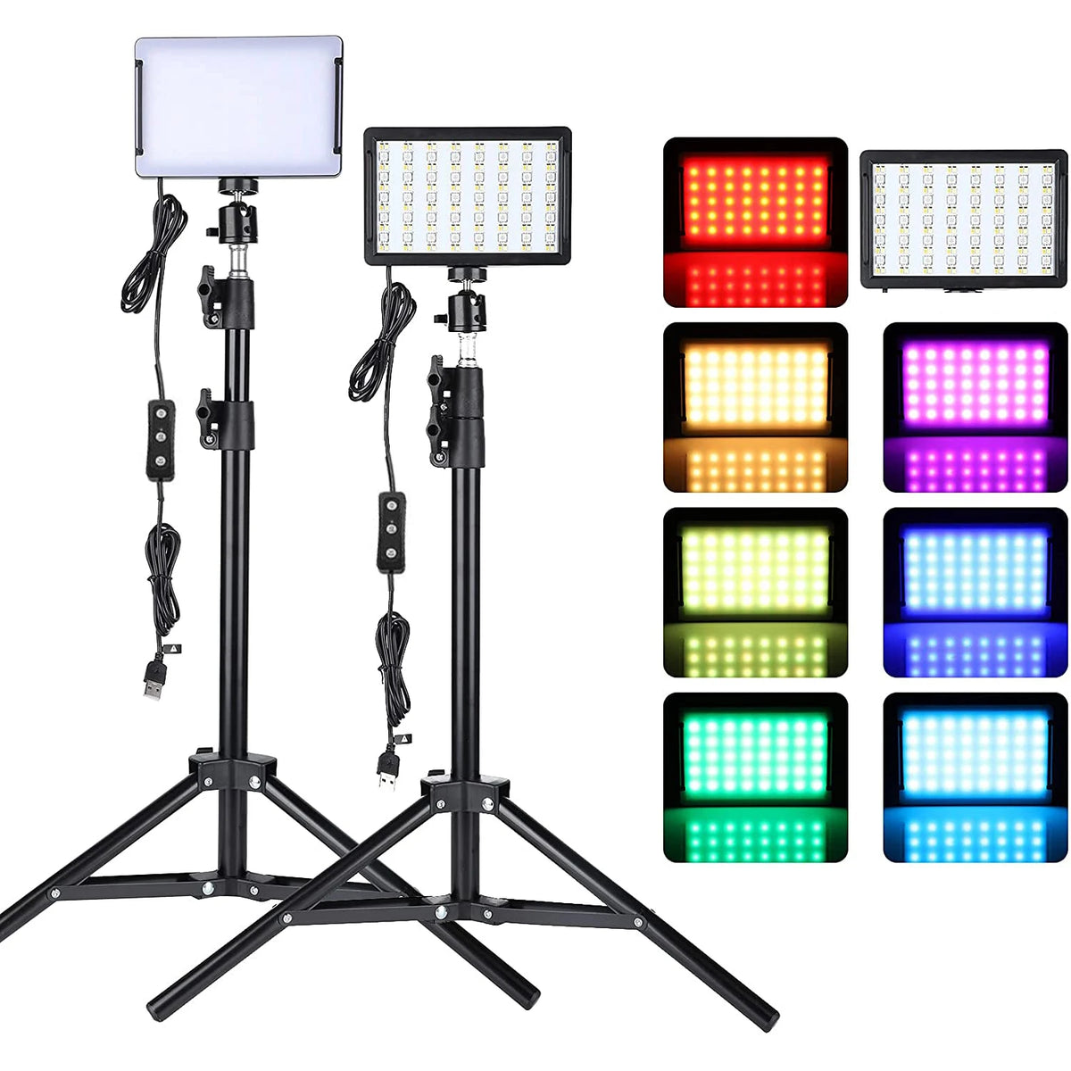 Two LED panel lights on black tripod stands with USB cables, beside panels glowing red, orange, purple, green and blue