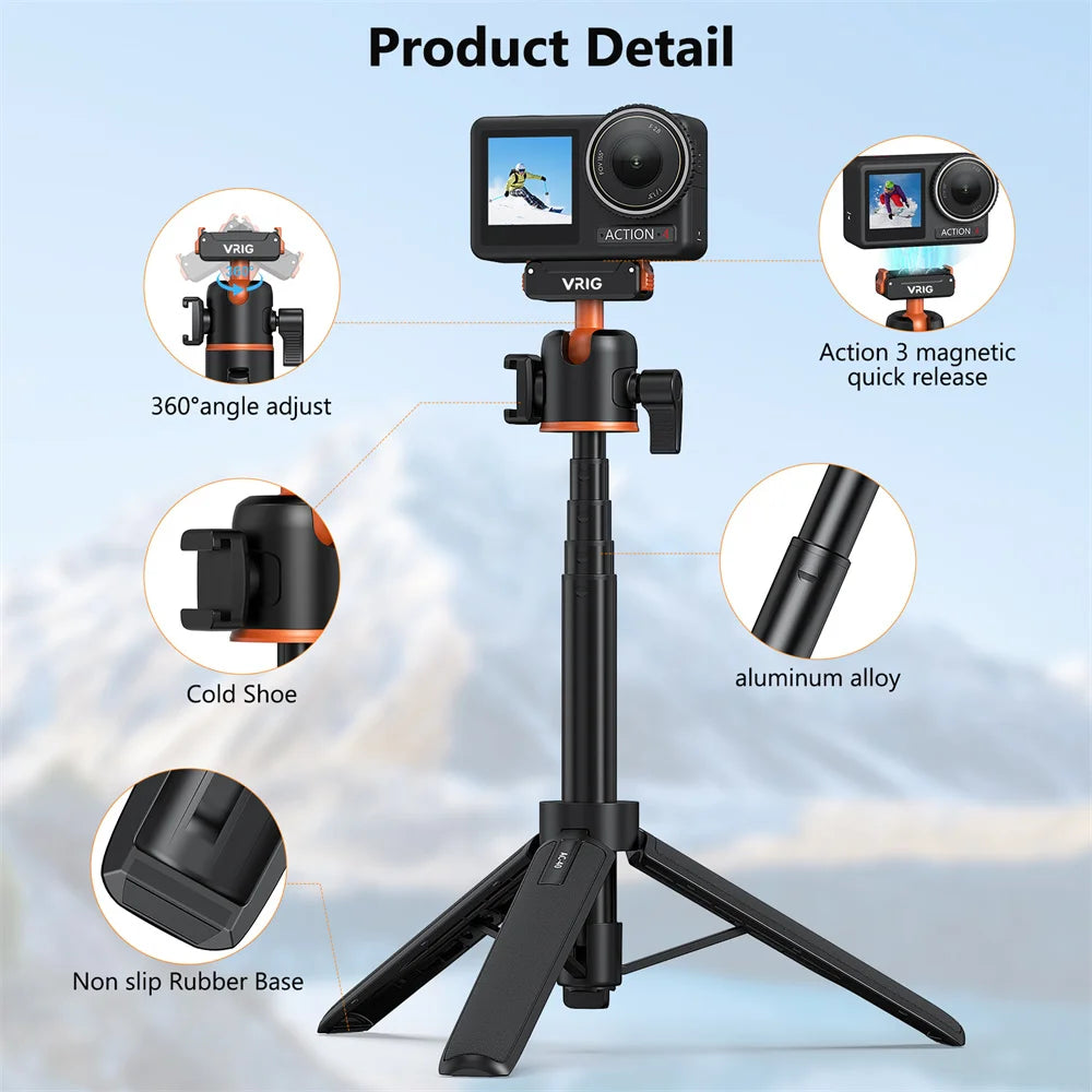 Black and orange Vrig stand holding an action camera on a magnetic mount, as a tripod and as a handheld grip with a light