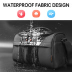 Black camera shoulder bag open to an orange padded interior, a small lens inside and a hand lowering a zoom lens in
