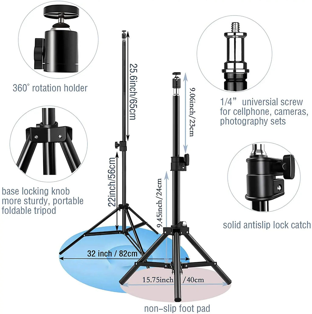 Black LED ring light shown on a small tabletop tripod and on a tall floor stand holding a phone, with a small remote