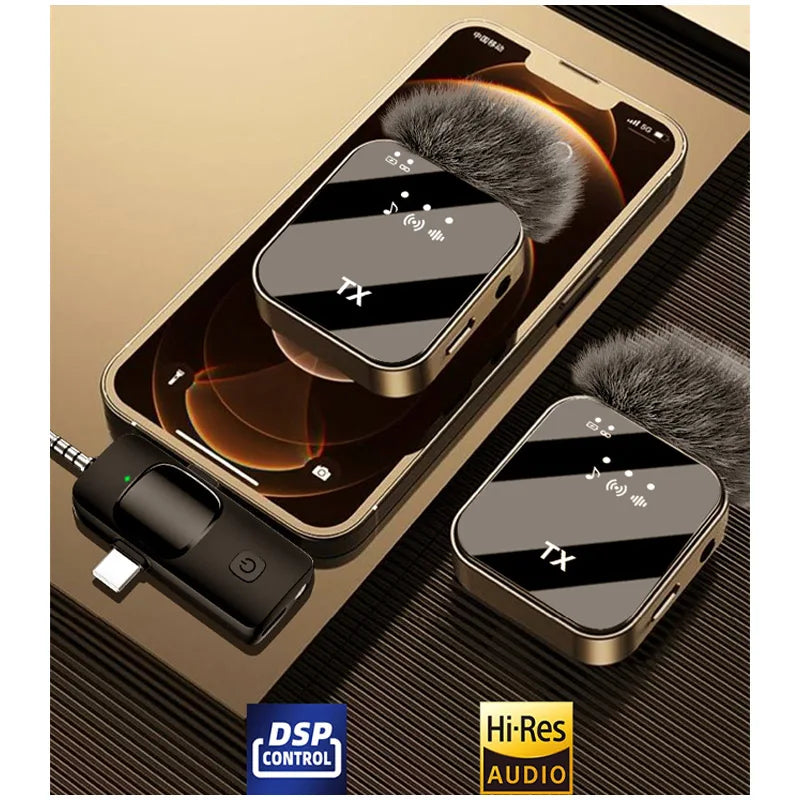Two black clip-on mics with furry windscreens, a small receiver with a headphone plug, a cable and the box