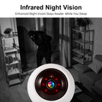 White Fuers pan-tilt indoor camera beside a hand holding a phone that shows a sleeping baby in the app