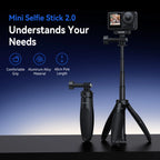 Black Telesin mini tripod standing on open legs beside the same grip extended as a stick, with action cameras in round insets