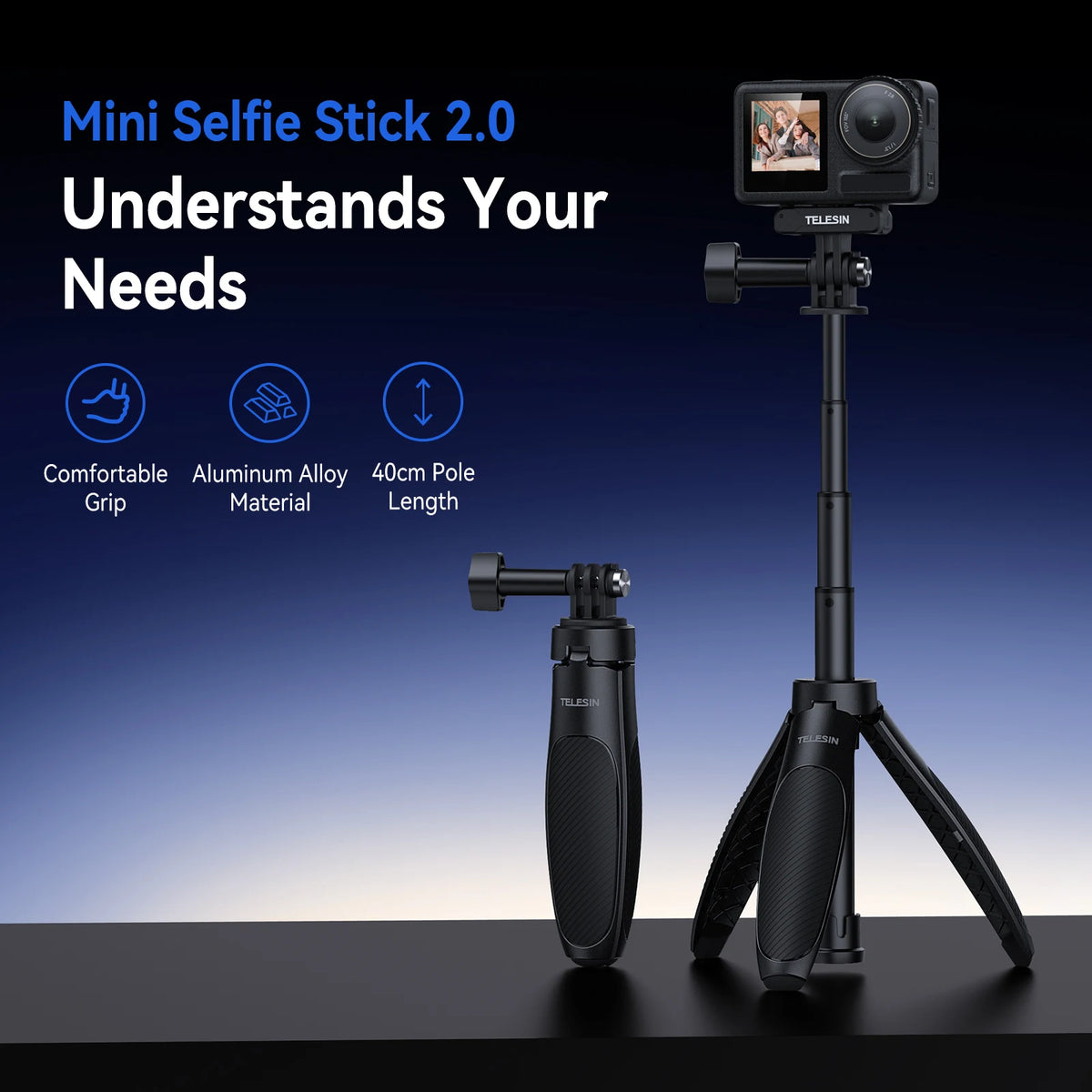 Black Telesin mini tripod standing on open legs beside the same grip extended as a stick, with action cameras in round insets
