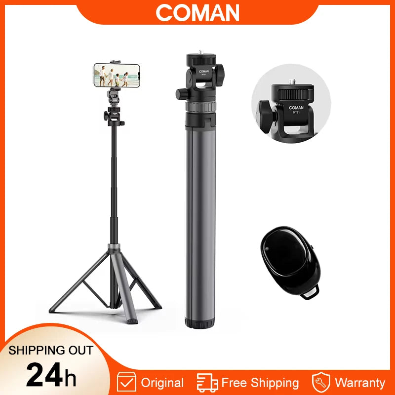 Gray Coman tripod holding a phone at full height, shown folded with a small tilting head, plus a head close-up and a remote