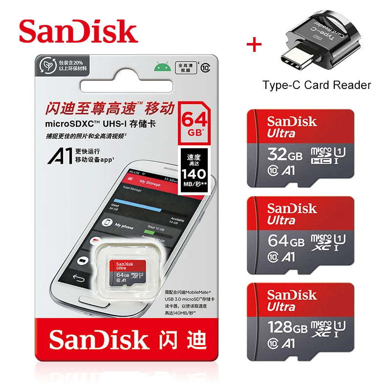 SanDisk Ultra microSD cards in 32, 64 and 128GB beside a retail pack and a small Type-C card reader