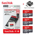 SanDisk Ultra microSD cards in 32, 64 and 128GB beside a retail pack and a small Type-C card reader