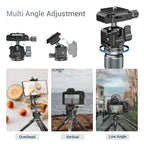 Black low-profile ball head with a quick release clamp and plate, a locking lever, a hex key and a thread adapter