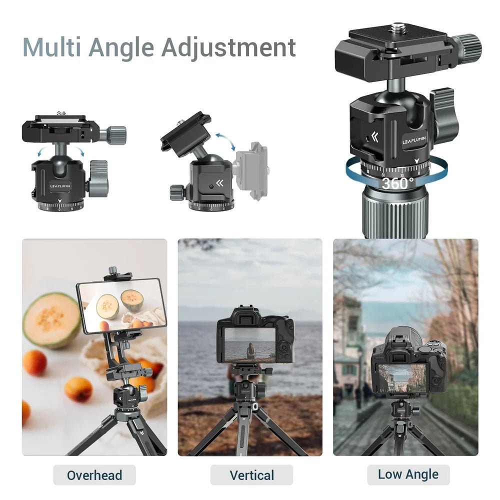 Black low-profile ball head with a quick release clamp and plate, a locking lever, a hex key and a thread adapter