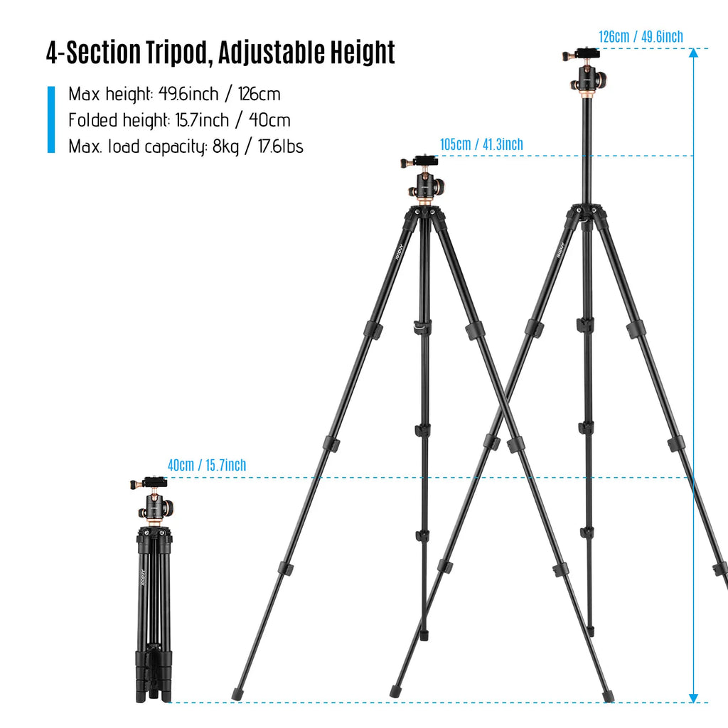 Black and gold Andoer tripod with a panoramic ball head and quick release plate, shown folded beside a black drawstring bag