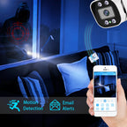 White Simicam bullet security camera on a wall mount, with icons for night vision, one-way audio, H.265 and Onvif