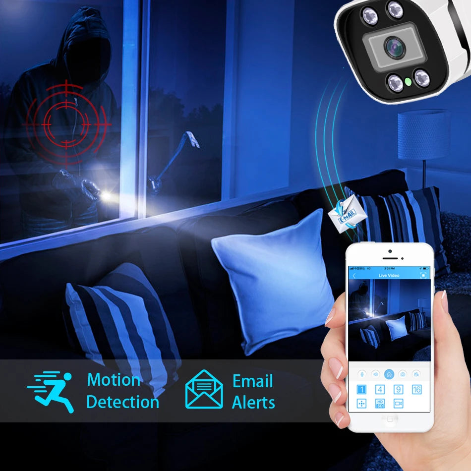 White Simicam bullet security camera on a wall mount, with icons for night vision, one-way audio, H.265 and Onvif