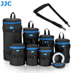 Seven black JJC lens pouches of different sizes with blue zip trim, next to a black shoulder strap