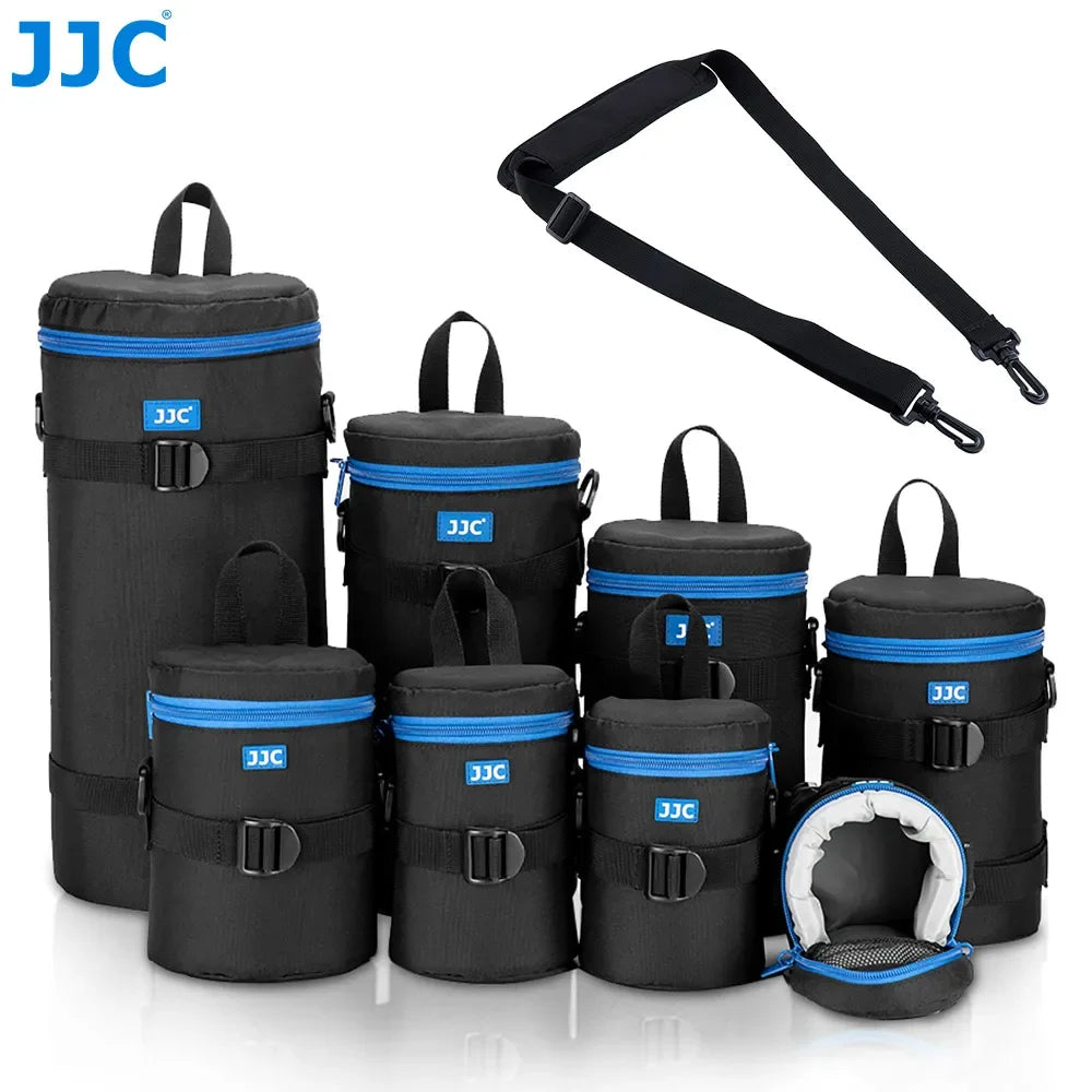 Seven black JJC lens pouches of different sizes with blue zip trim, next to a black shoulder strap