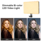 Two slim LED video panel lights on tall black tripod stands, one showing its back, beside three color temperature swatches