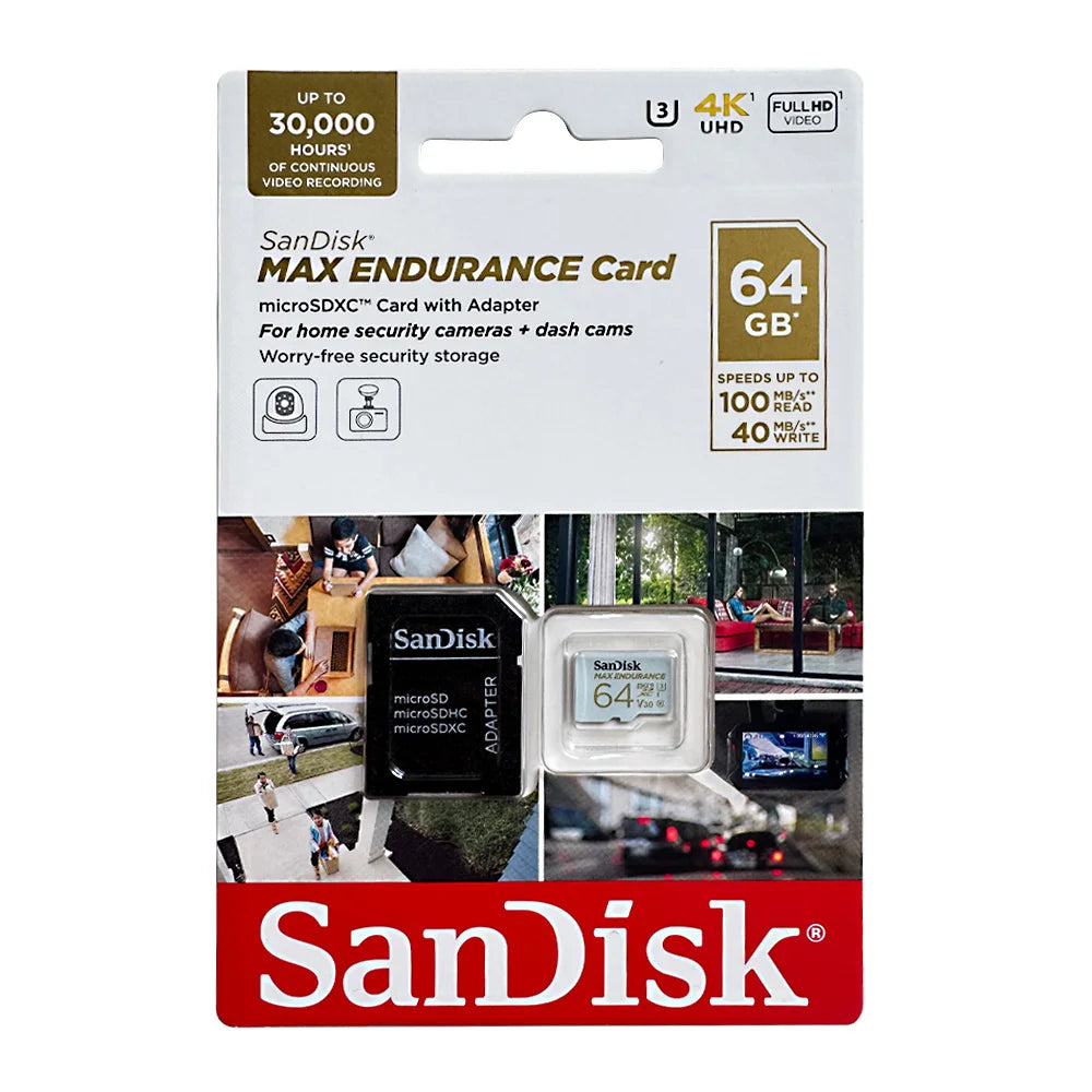 A SanDisk Extreme Pro 128GB microSD card and a SanDisk Extreme card in a black SD adapter on a pink background