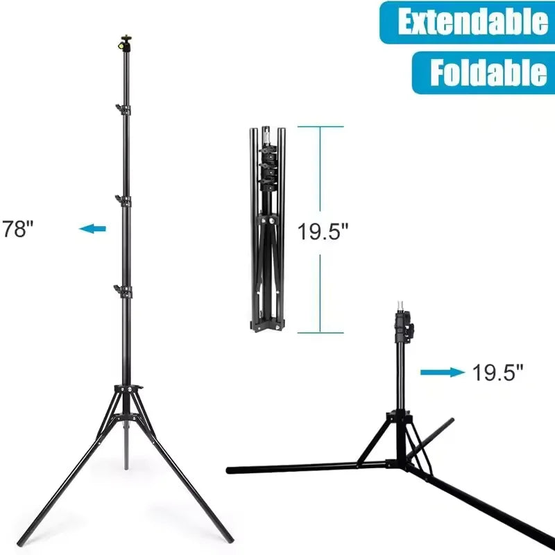 Black light stand extended on spread legs, a folded stand, and small icons of a softbox, umbrella and LED panel