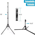 Black light stand extended on spread legs, a folded stand, and small icons of a softbox, umbrella and LED panel