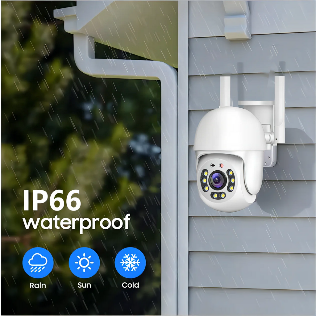 White dome pan-tilt security camera with two antennas on a wall bracket, beside a hand holding a phone showing a yard