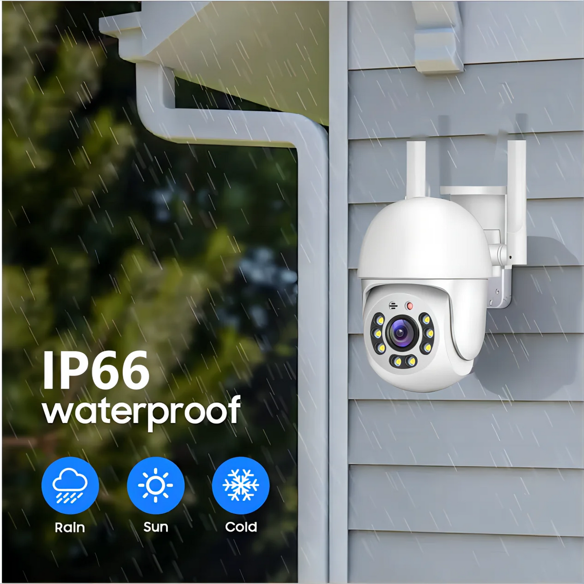 White dome pan-tilt security camera with two antennas on a wall bracket, beside a hand holding a phone showing a yard