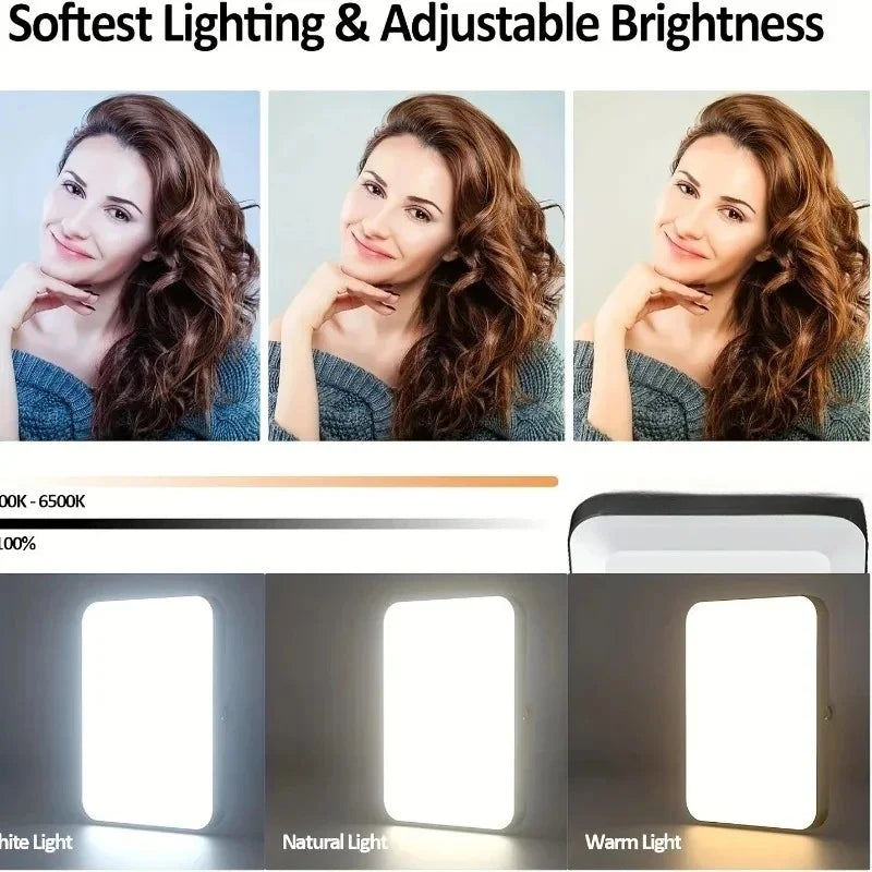 Black clip-on LED panel with warm and cool beads, shown clipped to a phone, mounted on a DSLR and clipped to a laptop