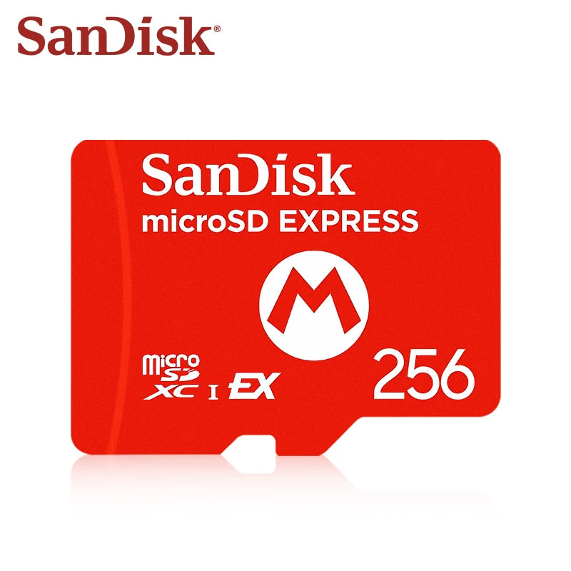 Red SanDisk microSD Express 256GB card with a white mushroom-style M logo printed on the face