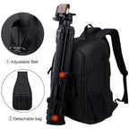 Black camera backpack shown closed and open, with grey dividers holding a DSLR, several lenses and a flash
