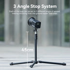 Black Ulanzi light stand with three legs and a stud on top, shown folded compact and being packed into a travel bag