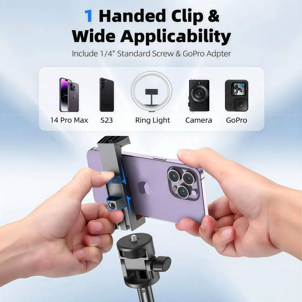 Black selfie stick tripod with a blue ring holding a phone, shown as a stand and as a handheld stick, with a small remote