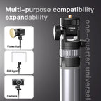 Gray Coman tripod holding a phone at full height, shown folded with a small tilting head, plus a head close-up and a remote