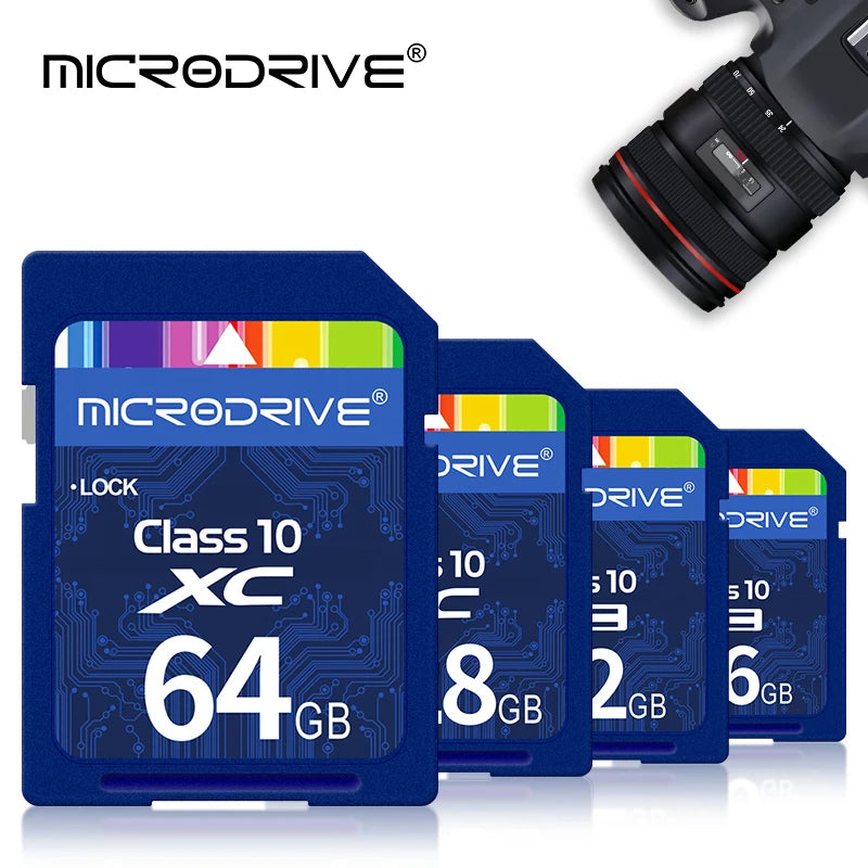 Four blue Microdrive Class 10 SD cards stepped in a row, with a Canon DSLR lens in the top corner