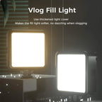 Square LED panel light, front and back, above two photos of it mounted on top of a mirrorless camera held in both hands