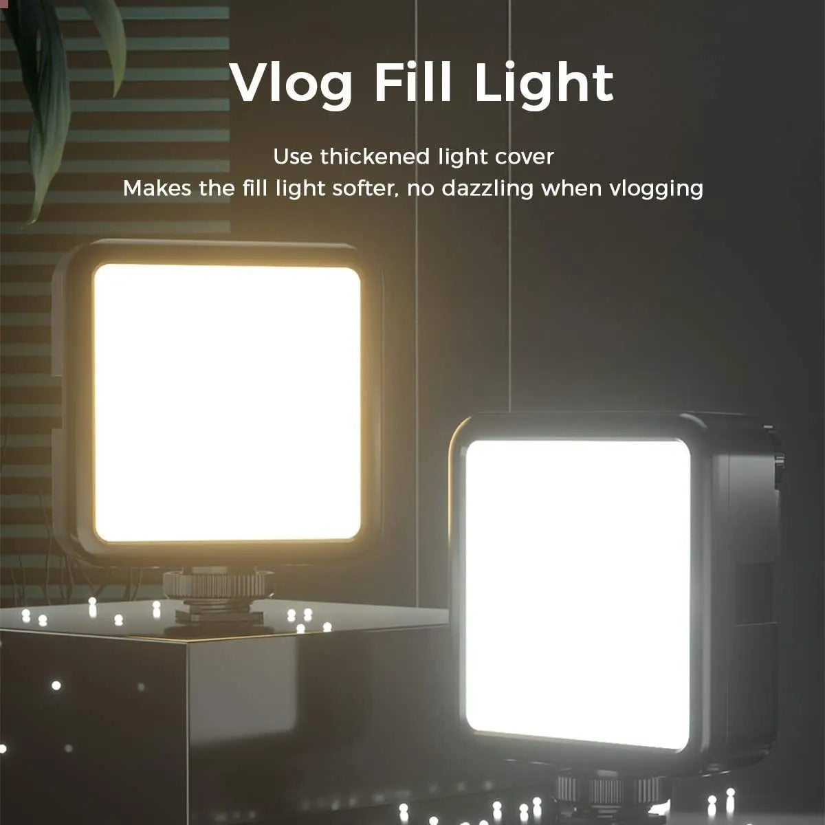 Square LED panel light, front and back, above two photos of it mounted on top of a mirrorless camera held in both hands