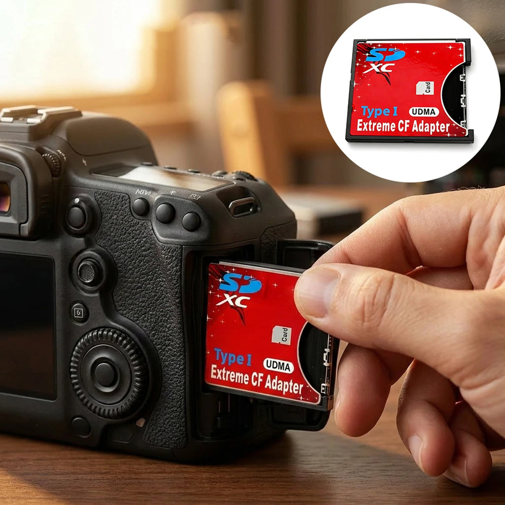 Red CompactFlash-size adapter with an SD card opening, labelled Type I UDMA Extreme CF Adapter, on dark stone