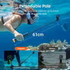 Black and orange floating grip with its tripod legs spread, holding an action camera underwater on an extended pole