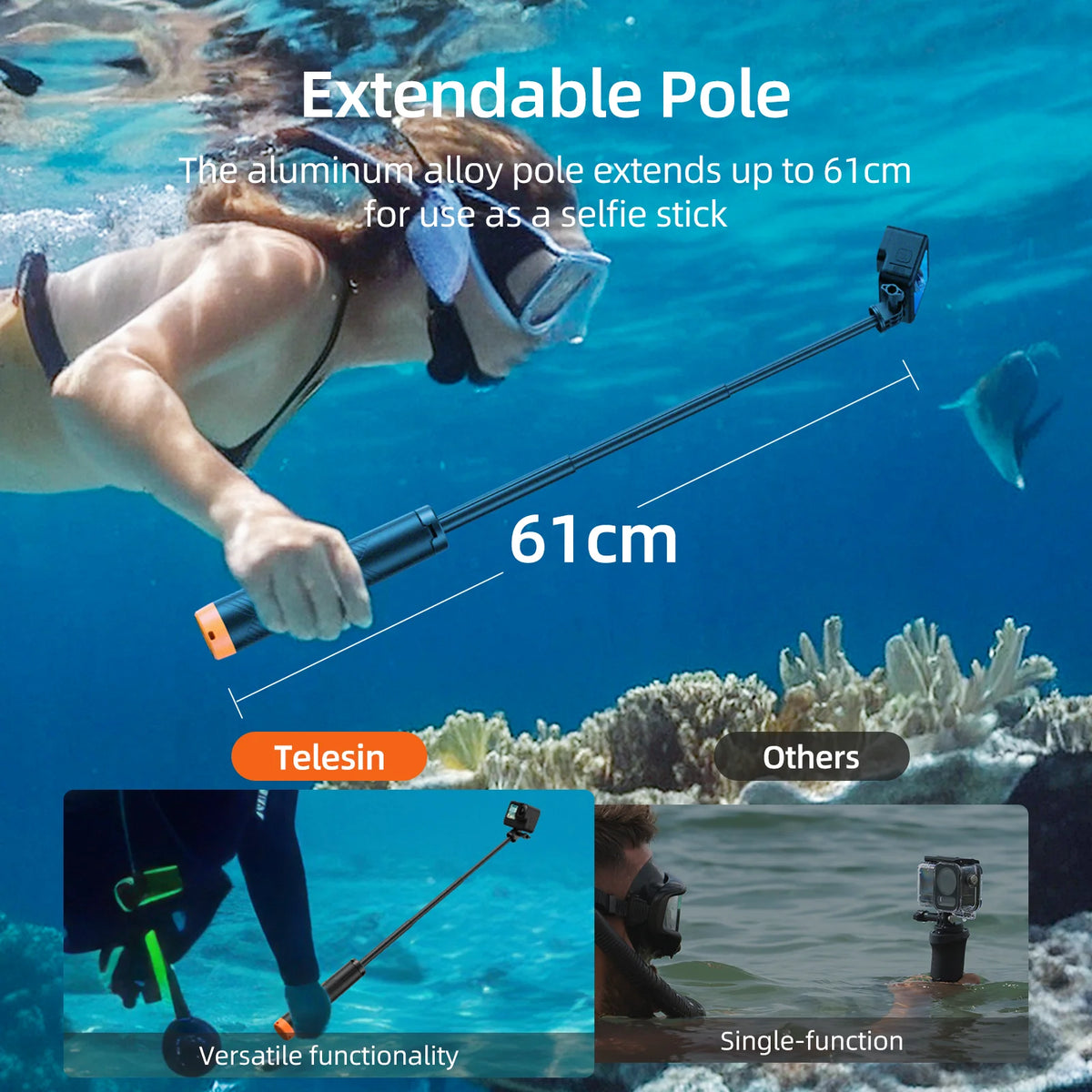 Black and orange floating grip with its tripod legs spread, holding an action camera underwater on an extended pole