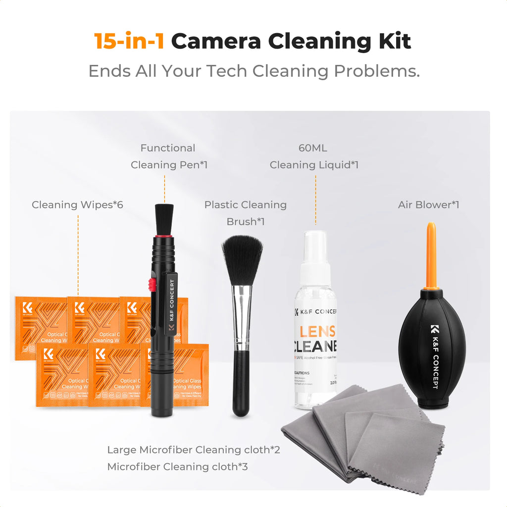K&F Concept kit laid out: lens pen, soft brush, black air blower, lens cleaner spray bottle, orange wipes and gray cloths