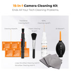 K&F Concept kit laid out: lens pen, soft brush, black air blower, lens cleaner spray bottle, orange wipes and gray cloths