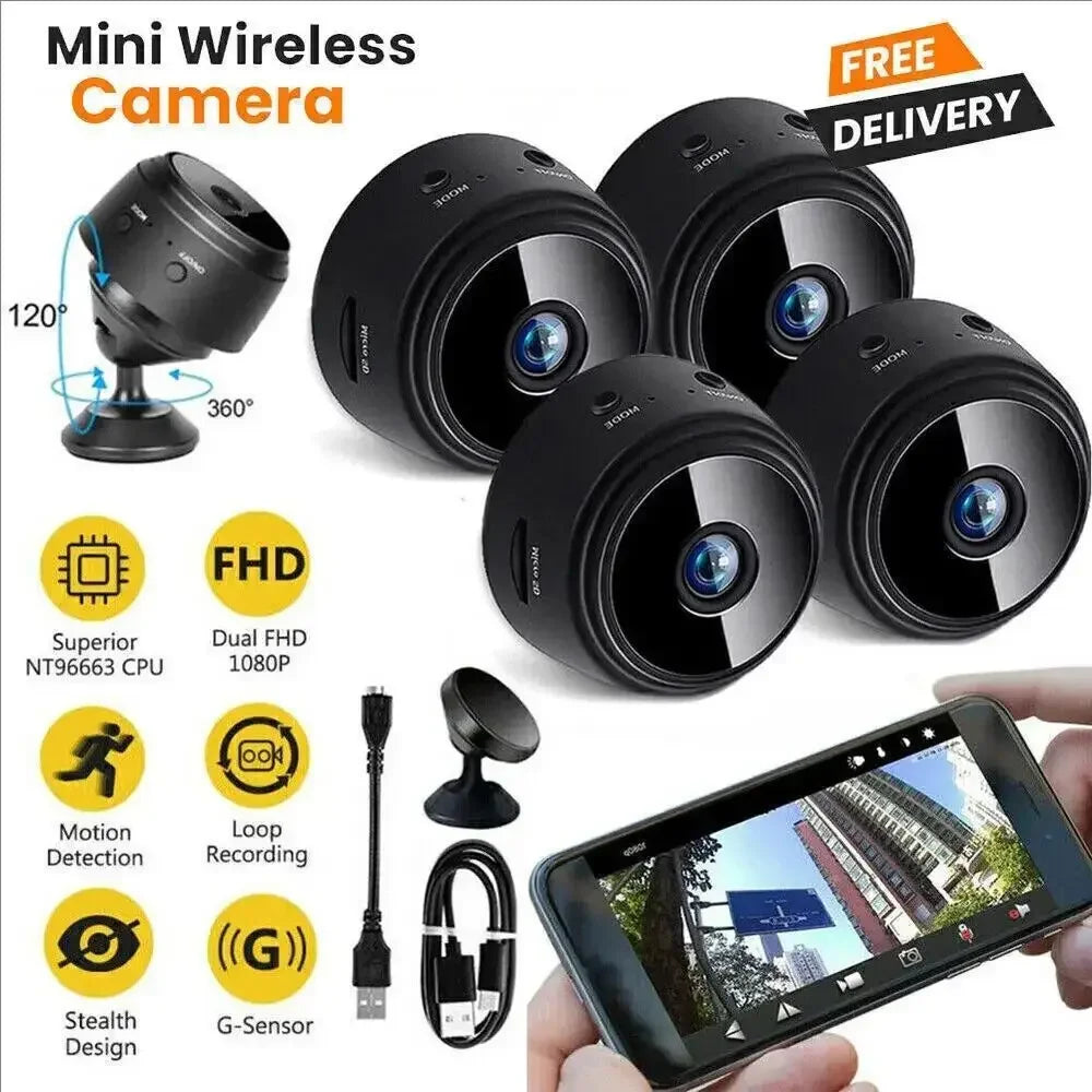 Four round black mini cameras with a magnetic stand and USB cable, next to a phone showing a street view in the app