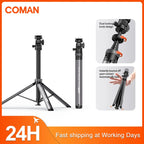 Dark gray Coman tripod with a small tilting head, standing and folded, with close-ups of the locking knobs and spring legs