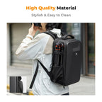 Black K&F Concept camera backpack with a molded hard shell front, beside its open inside and a white rain cover