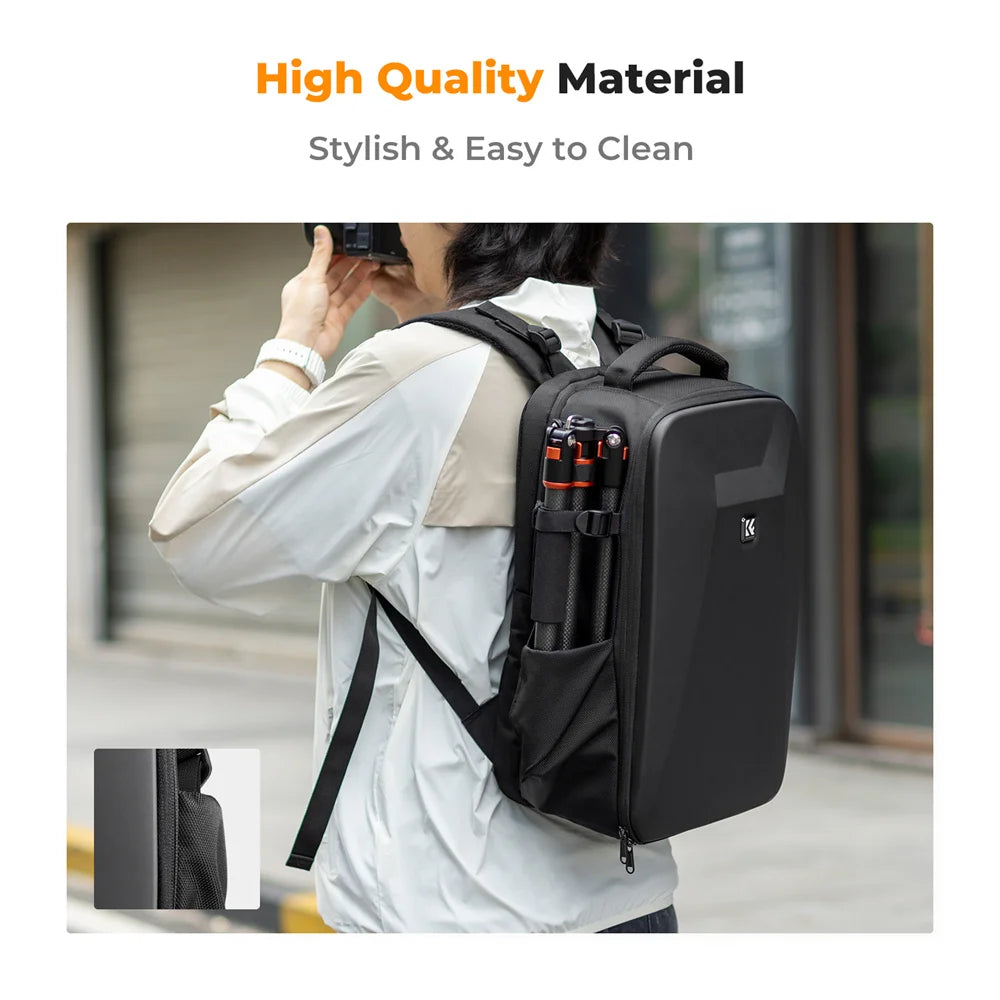 Black K&F Concept camera backpack with a molded hard shell front, beside its open inside and a white rain cover