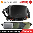 Black K&F Concept camera shoulder bag with a tripod strapped underneath, above four more bags in other colors