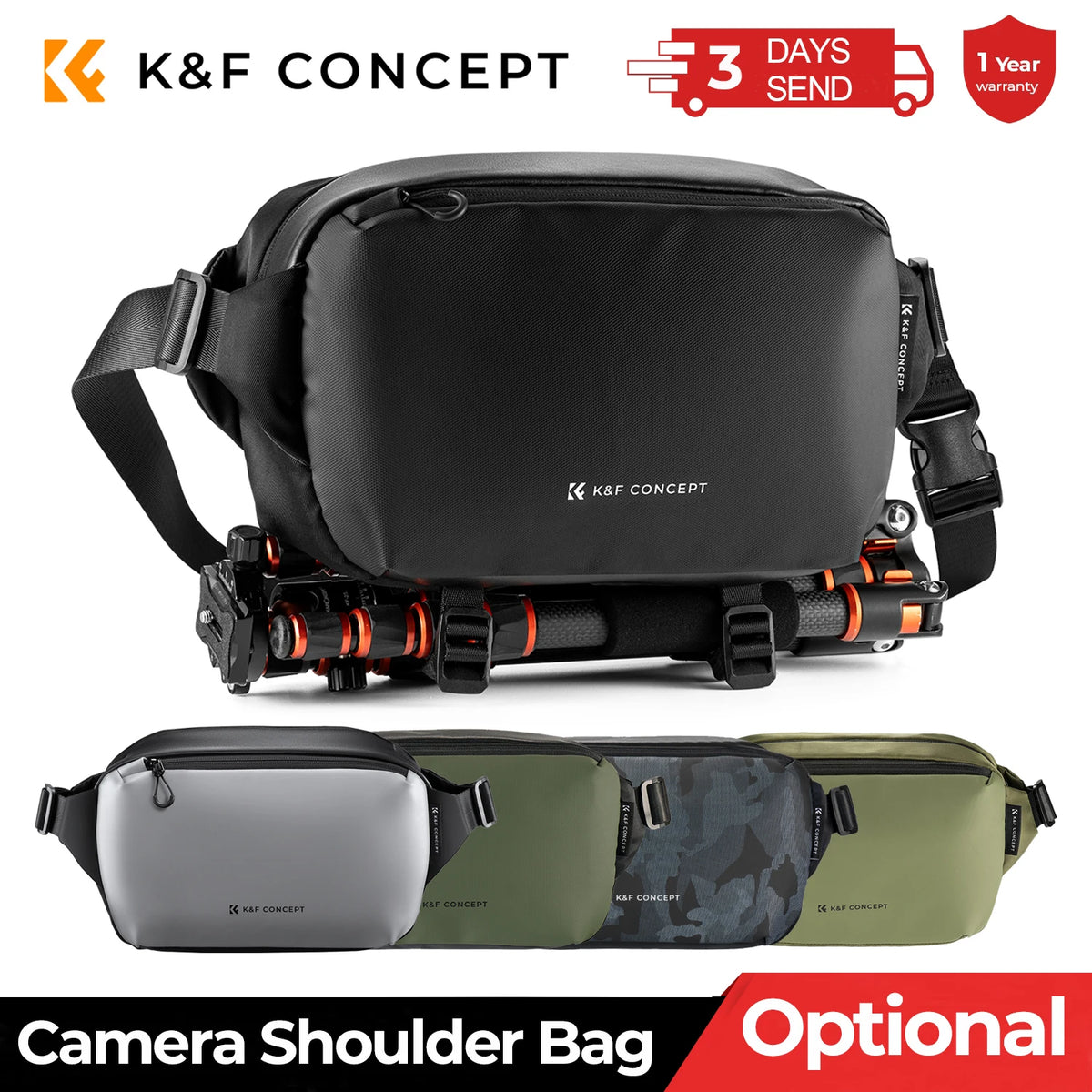 Black K&F Concept camera shoulder bag with a tripod strapped underneath, above four more bags in other colors